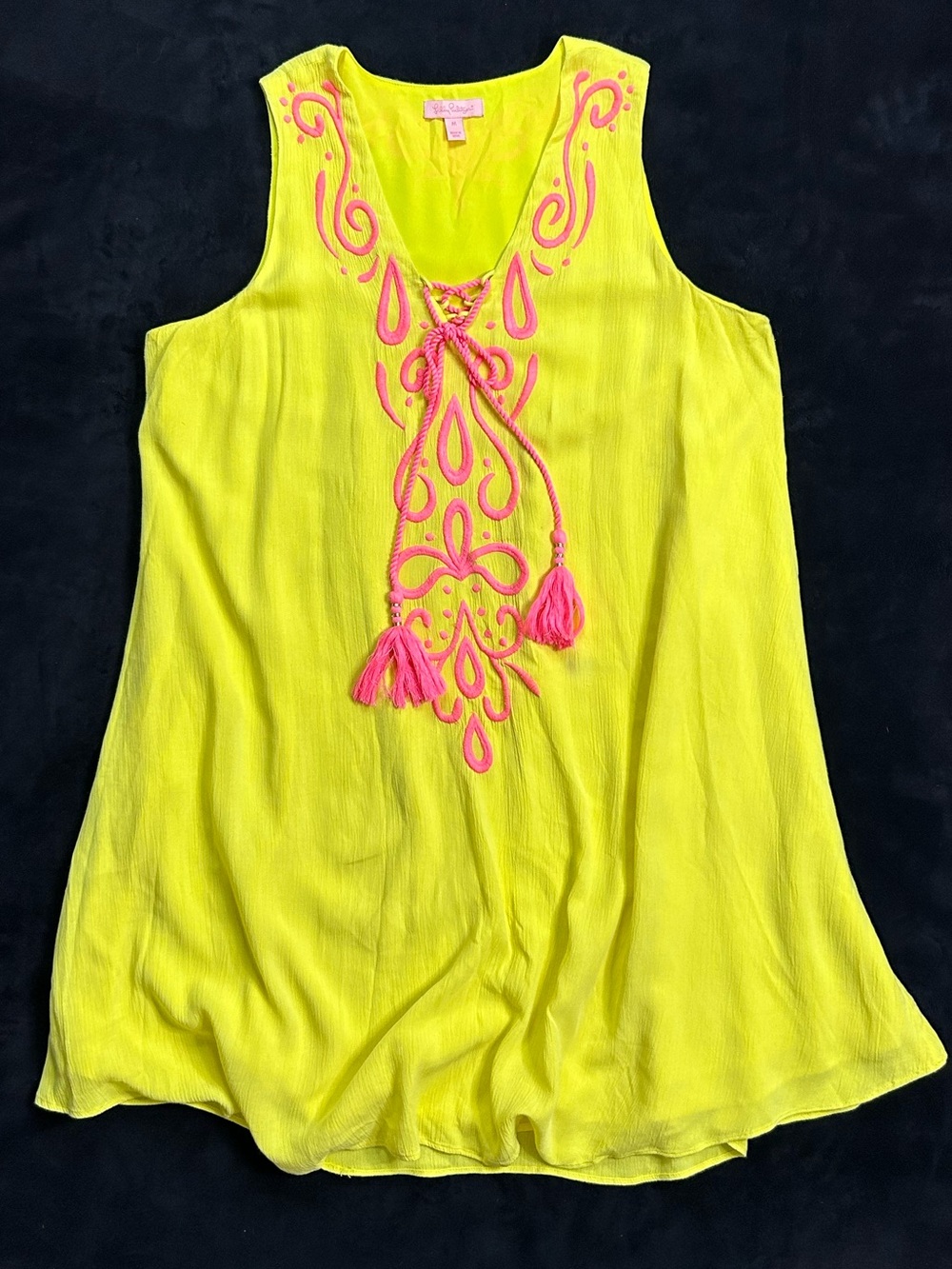 Lilly Pulitzer Neon Yellow Mini Dress with Pink Embroidered Tassels